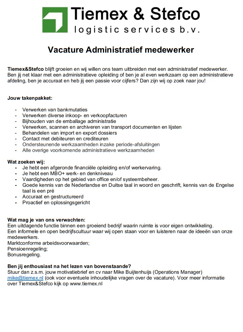 Vacature administratief medewerker